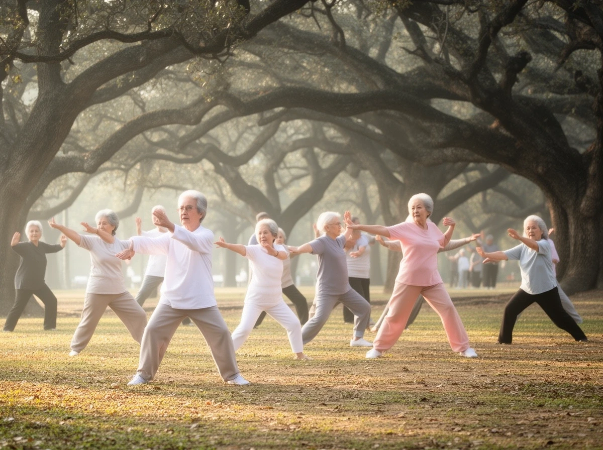 Grup de seniori făcând tai-chi
